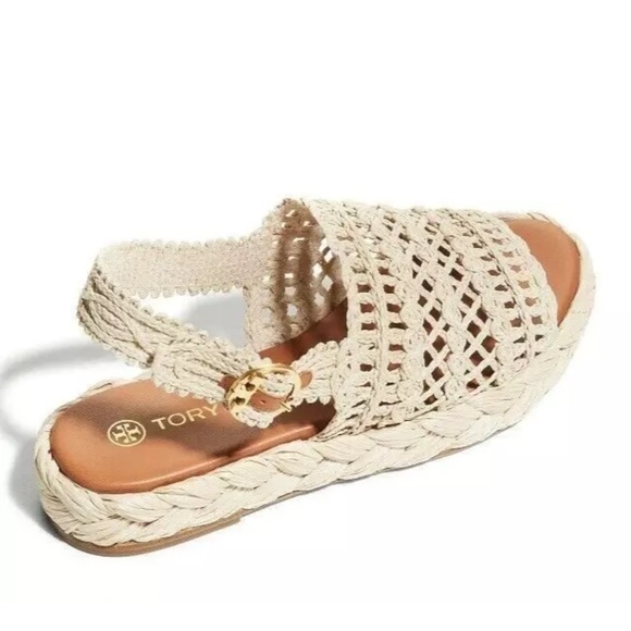 Like new! TORY BURCH RAFFIA ESPADRILLE SANDAL PLATFORM NATURAL/GOLD LOGO w/BOX - Picture 1 of 16